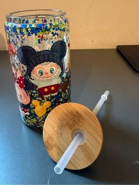 Customs made Labubu ready for Disney Colorful Confetti Print Glass Water Bottle
